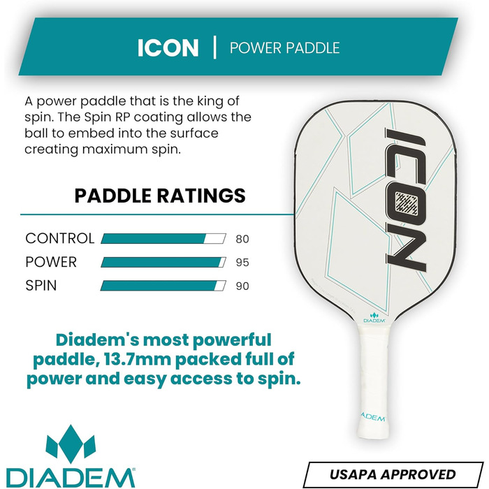 Падл для піклболу Diadem Icon, білий, середній (8,0 унцій)