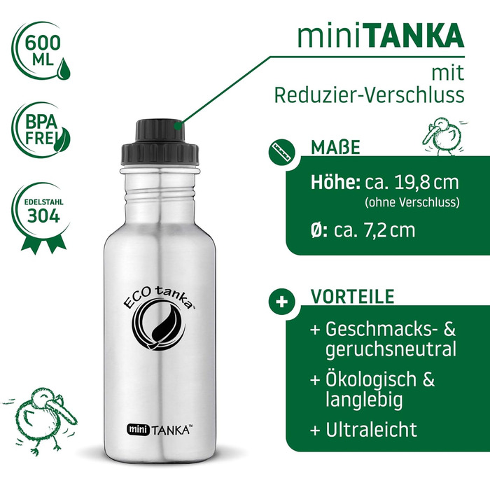 Еко-пляшка для води ECOtanka miniTANKA 0,6 л з нержавіючої сталі, багаторазова, для спорту, туризму, фітнесу, герметична, BPA-Free