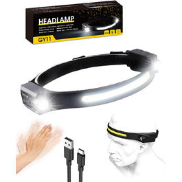 Ліхтар на голову LED акумуляторний, 1200 люмен, сенсор, 2 прожектори, COB, 5 режимів, 12 годин роботи, IPX4, для бігу, кемпінгу, чорний