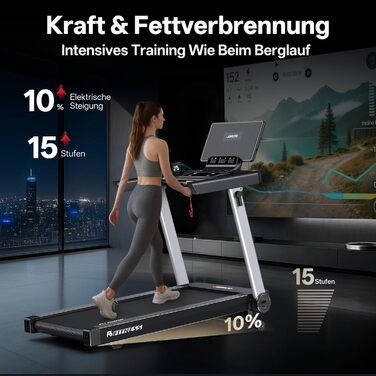 Біговий тренажер JOROTO для дому, складаний, 2.5PS, нахил 1-10%, LED дисплей, 15 програм, 1-16 км/год, велика площа бігової доріжки 130×48 см, Bluetooth, Kinomap, вантажопідйомність 150 кг, чорний