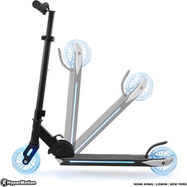 Дитячий самокат HyperMotion Ice Flash для дітей від 5 років, двоколісний, складний, з LED-підсвіткою, чорний/синій, навантаження до 50 кг, гумові колеса 125 мм, регульований кермо, гальмо Flex-Fender