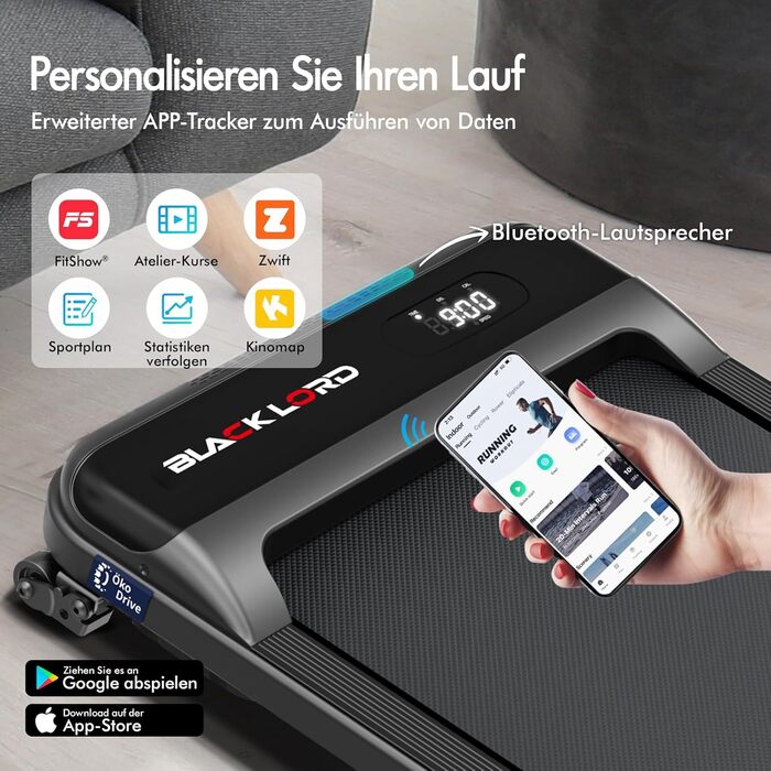 Walkingpad Laufband BLACK LORD MS2: біговий доріжки, 9-16 км/год, регулювання нахилу до 9%, 2.2-3.2 PS, до 140 кг, портативний, тихий, LED-дисплей, додаток, для дому та офісу, біг, фітнес-машина (чорний)