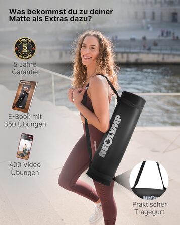 NEOLYMP Fitness Mat: Товста, неслизька килимок для фітнесу з електронною книгою та ремінком - для йоги, пілатесу, спорту, тренувань, сірий | 61 см