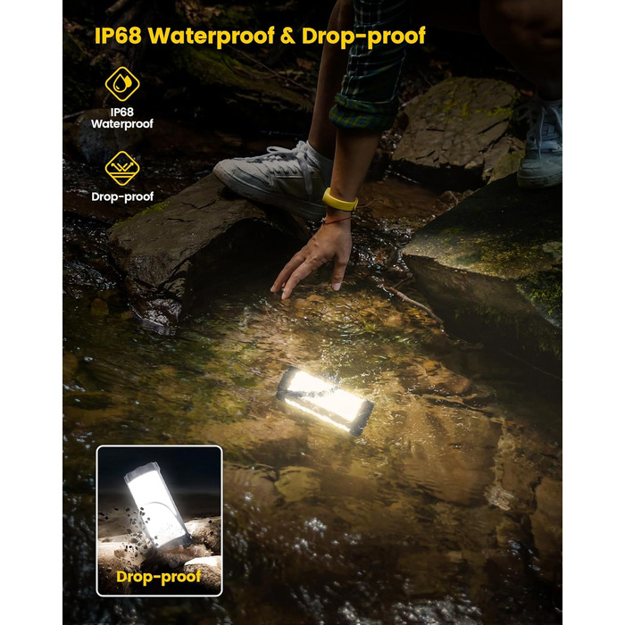 Ліхтар для кемпінгу Glocusent: 1200lm, водонепроникний IP68, 80 годин роботи, 5 режимів, SOS, з гумовим захистом та шнурком, сірий