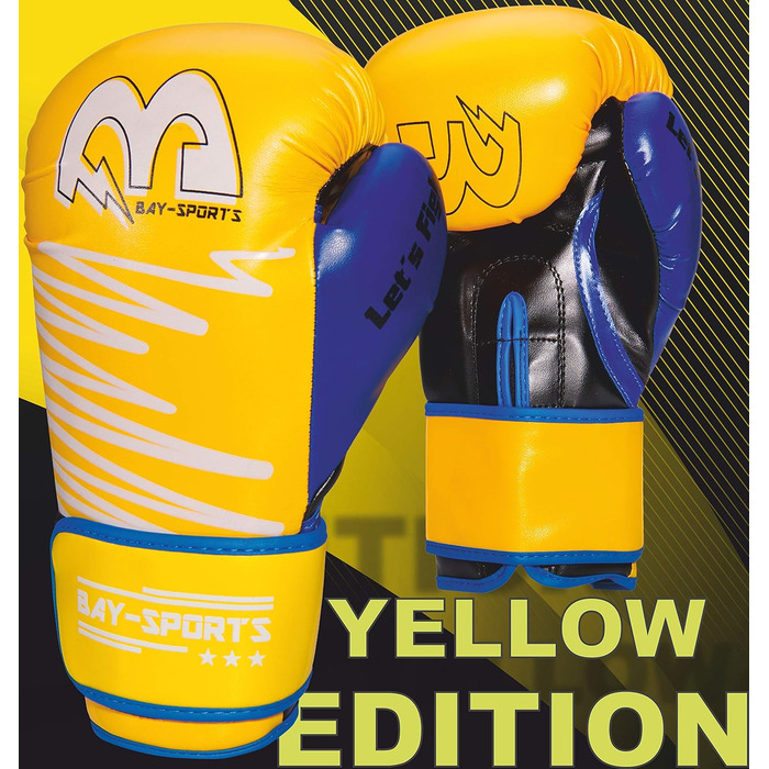 Боксерські рукавички BAY-Sports Yellow Edition неон жовті/сині 8, 10, 12 унцій для боксу, кікбоксингу, MMA, муай тай
