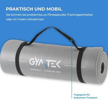 Килимок для фітнесу Gymtek 180x61 см, NBR 1,5 см, сірий, для йоги, пілатесу, аеробіки, з ременем для перенесення