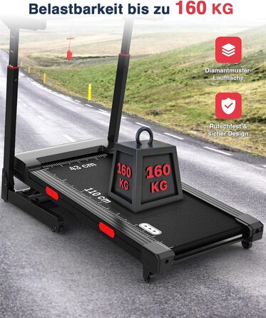 Біговий тренажер Redliro з автоматичним нахилом 15% - складний, до 160 кг, з регульованим поручнем та Bluetooth, для дому