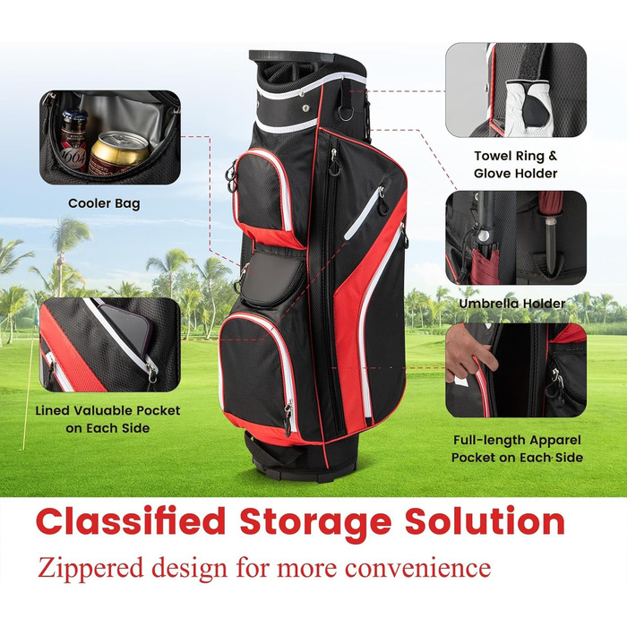 Сумка для гольфу LIFEZEAL Stand Bag з 14 відділеннями, з підтримкою, з ременем, тримачем для напоїв, 9 кишень, ізольованою кишенею, тримачем для парасольки, для чоловіків та жінок (червона)