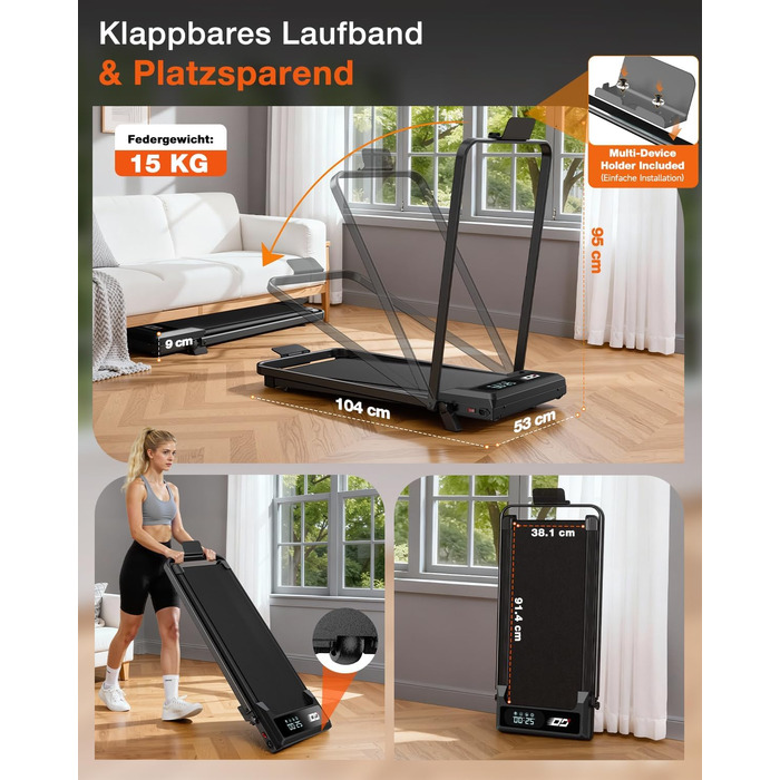 Складане бігове доріжки 4-в-1 з ручним нахилом 9%, тихий електричний біговий тренажер до 10 км/год, безщітковий двигун 3.0 PS, амортизація, LED-дисплей, компактний, для дому та офісу