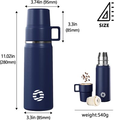 Термос 850 мл із чашкою для кави, герметичний, BPA-free, нержавіюча сталь, для дітей, спорту, школи, фітнесу, кемпінгу, глибокий синій