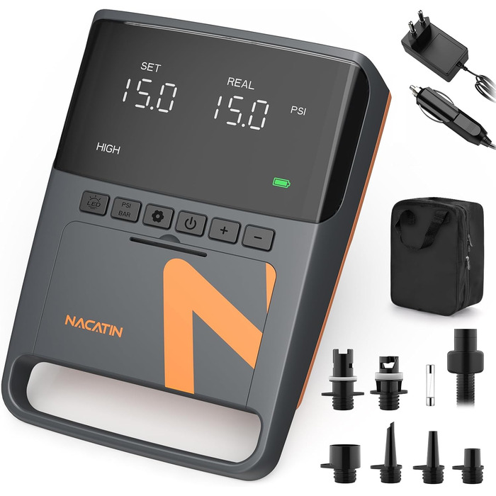 Електрична повітряна насос NACATIN для SUP дошок з акумулятором, 16 PSI, подвійний етап надування та здування, автоматичне вимкнення