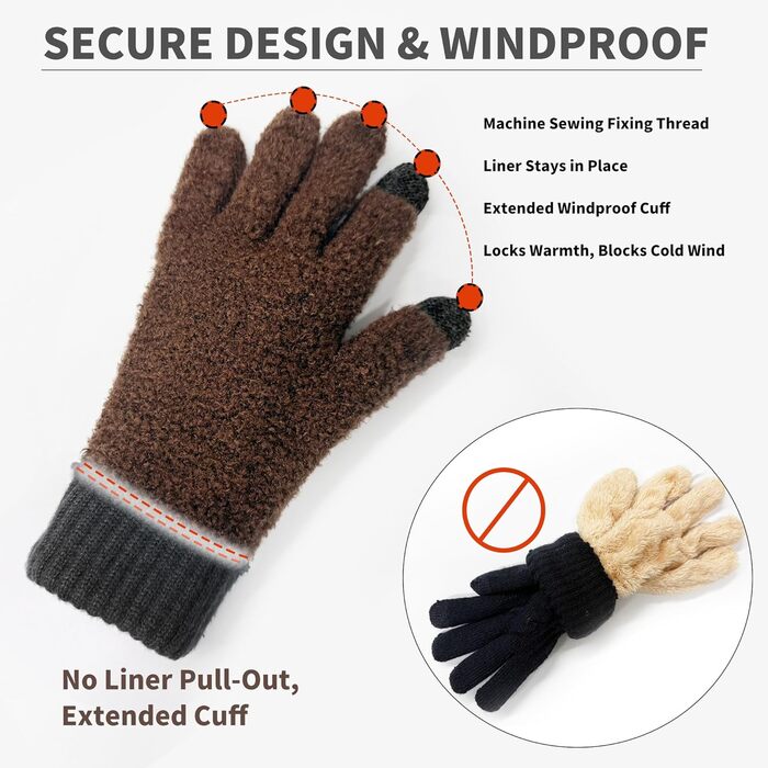 Зимові рукавички Origem для чоловіків та жінок. Теплі рукавички з вовни з підкладкою з флісу, сенсорні, для спорту та активного відпочинку. Чорний колір.