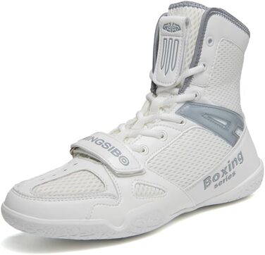 Боксерські та борцівські кросівки для чоловіків та жінок, дитячі, для залу, фітнесу, високі, з антиковзаючою підошвою, дихаючі (46 EU, Білий/Сірий)