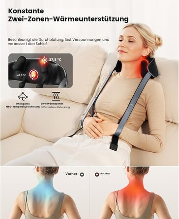 Масажер для шиї та плечей BOB AND BRAD 4D Shiatsu з підігрівом, електричний, бездротовий. 2 режими масажу та температури. Ідеальний подарунок для жінок та чоловіків
