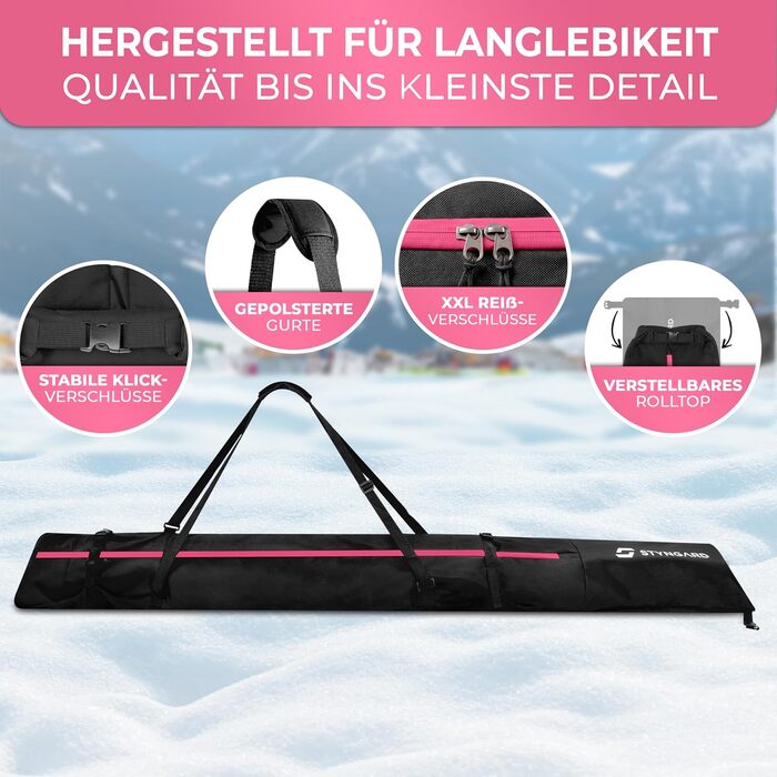 Чохол для лиж STYNGARD Helsinki, чорно-рожевий, 140-200 см, міцний матеріал, якісна фурнітура