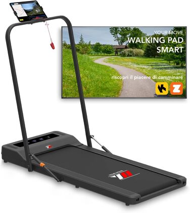 Електрична бігова доріжка та Walking Pad 2 в 1 YM, компактна, чорна, з поручнем і тримачем для планшета, Bluetooth-динаміки, сумісна з KINOMAP і ZWIFT, дистанційне керування, 6 програм