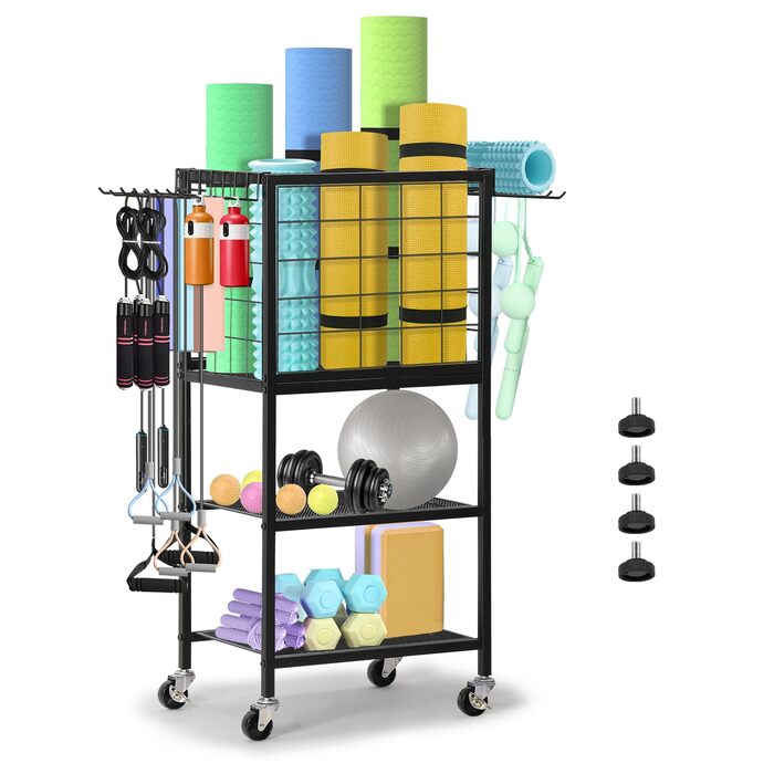 Стійка для гантелей та йога-матів LIANTRAL з колесами та гачками, чорна. Багатофункціональна стійка для зберігання спортивного обладнання для дому