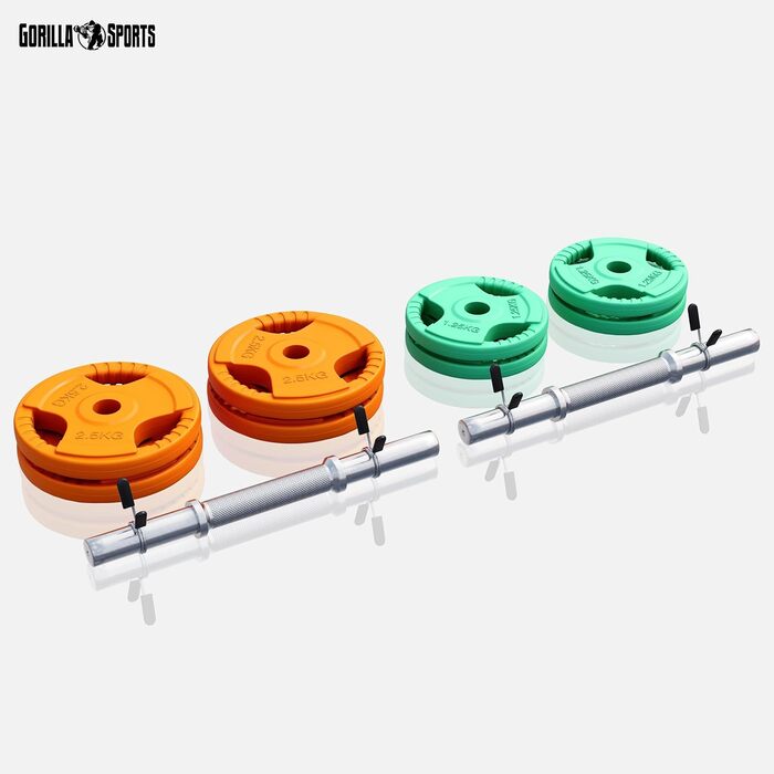 Набір гантелей GORILLA SPORTS® 20 кг (2 шт.) - ковані, гумові ручки, 30 мм, фіксуючі затискачі, ваги 4x1.25 кг / 4x2.5 кг