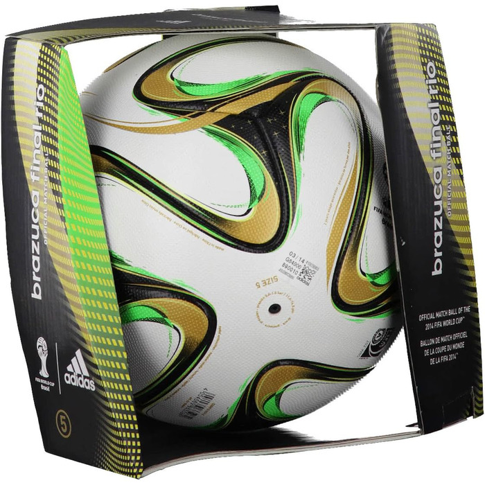 Футбольний м'яч adidas Brazuca Finale Rio 2014, білий/чорний/золотий/зелений, розмір 5