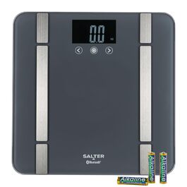 Розумні ваги Salter SA00432GFEU6 для ванної кімнати, Bluetooth, 200 кг, вимірювання ваги, жиру, води, м'язової та кісткової маси, BMI/BMR, 8 профілів, синхронізація з додатком Salter Health, сірі