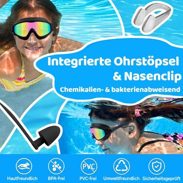 Дитячі окуляри для плавання Vvinca з носовими затискачами, 3-14 років, широке поле зору, захист від запотівання та UV, водонепроникні