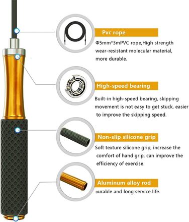 Стрибкове канат для чоловіків, жінок, дітей – з подвійним кульковим підшипником, 360-градусним обертанням, металевою ручкою, силіконовим покриттям, регульований, 3 м, для фітнесу, схуднення (срібний)