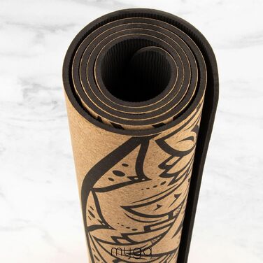 Йога мат Myga XL Kork: 200x70 см, 6 мм, з натуральної кори, протиковзаюча, для йоги, пілатесу, медитації та фітнесу. Малюнок мандала