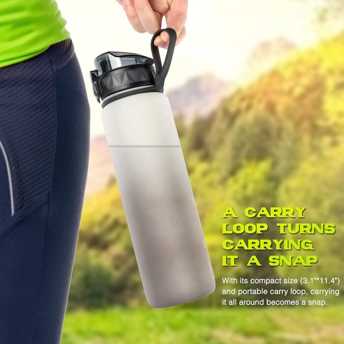 Спортивна пляшка для води 1л BPA-free з неслизьким гумовим грифом, для велосипеда, активного відпочинку, школи, спортзалу, колір: зелений (перехід сіро-чорний)