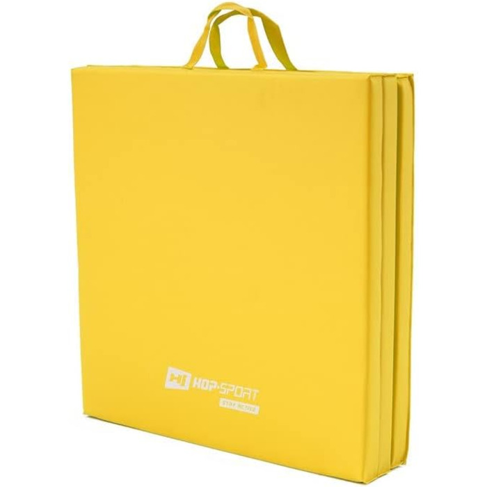 Складаний гімнастичний мат Hop-Sport 180x60x5 см, жовтий, товщина 4/5 см, для дому, фітнесу та гімнастики, з ручками для перенесення