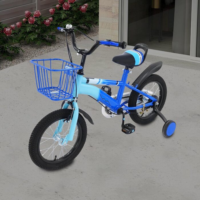 Дитяче велосипед 14 дюймів для дівчаток 3-7 років з додатковими колесами та кошиком, дзвіночком, регулюванням висоти, блакитний