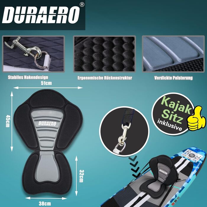 Надувний SUP-борд для веслування стоячи з каяковим сидінням, 330x76x15 см, вантажопідйомність до 150 кг, кріплення Cam, інтегрована підставка для ніг, 3 плавники, регульоване дволопатеве весло, повний комплект аксесуарів, блакитний камуфляж