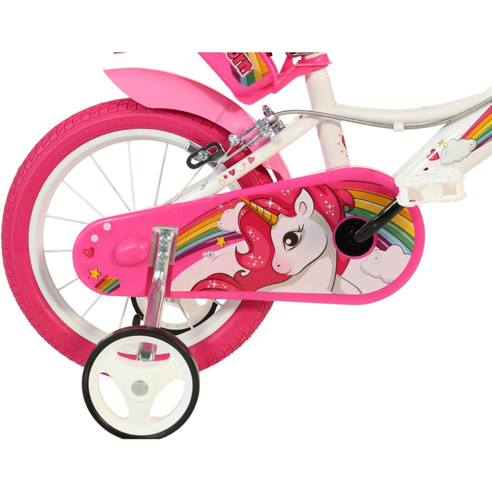 Дитяче велосипед Dino Bikes Einhorn 16 дюймів для дівчаток з додатковими колесами, сидінням для ляльки та кошиком - Оригінальний подарунок для дівчинки