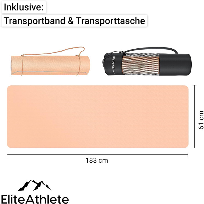 Килимок для йоги EliteAthlete - спортивний, фітнес, гімнастичний з неслизькою поверхнею. Розмір 183x61x0.6 см. В комплекті: сумка та ремінь для перенесення. Колір: персиковий - слонова кістка