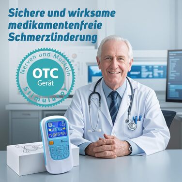 Пристрій TENS для терапії болю, EMS, 2 канали, 25 режимів, 50 рівнів інтенсивності, 10 електродів (синій)