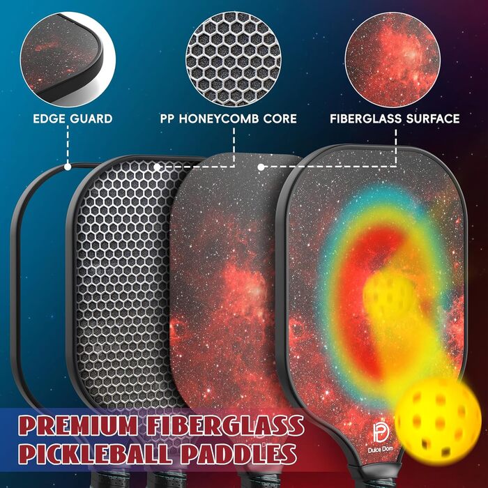 Набір піклбол-ракетки DULCE DOM (2/4 шт.) з м'ячами та сумкою, USAPA, скловолокно/вуглеволокно, для гри в приміщенні та на вулиці