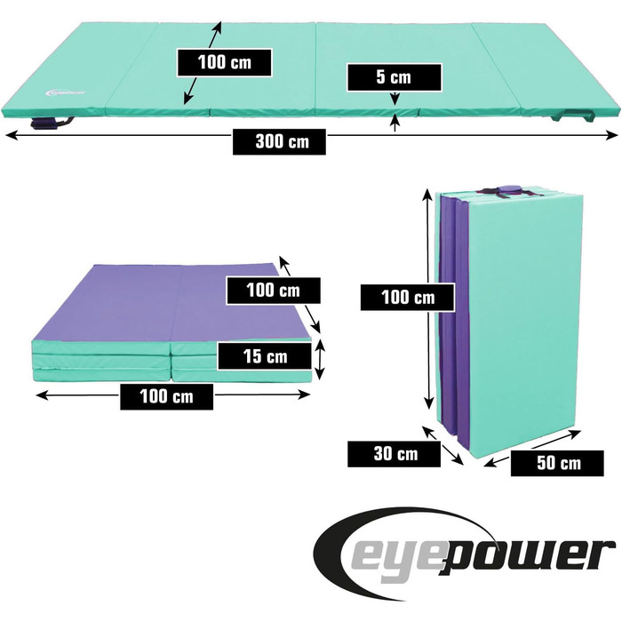 Складаний гімнастичний мат для дому eyepower 300x100 см, товщина 5 см, м'який мат для спорту, дитячий мат для фітнесу, йоги, складний, м'ятний/ліловий