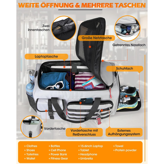 Спортивна сумка RAINSMORE 3 в 1 для чоловіків 45L: рюкзак, сумка-переноска, з відділенням для взуття, ноутбука та мокрого одягу (сіра)