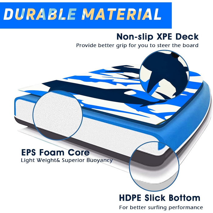 Дошка для плавання HOMASIS з ручкою, антиковзна XPE+HDPE, серфборд із малюнком акули, для дітей і дорослих, синя