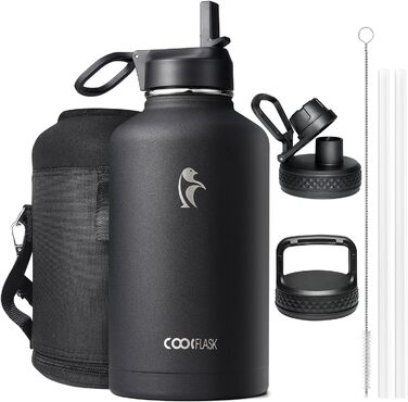 Ізольована пляшка для води Coolflask 2L з трубочкою та 3 кришками, з нержавіючої сталі, для спорту та офісу, подвійне вакуумне покриття, чорна, 2000 мл