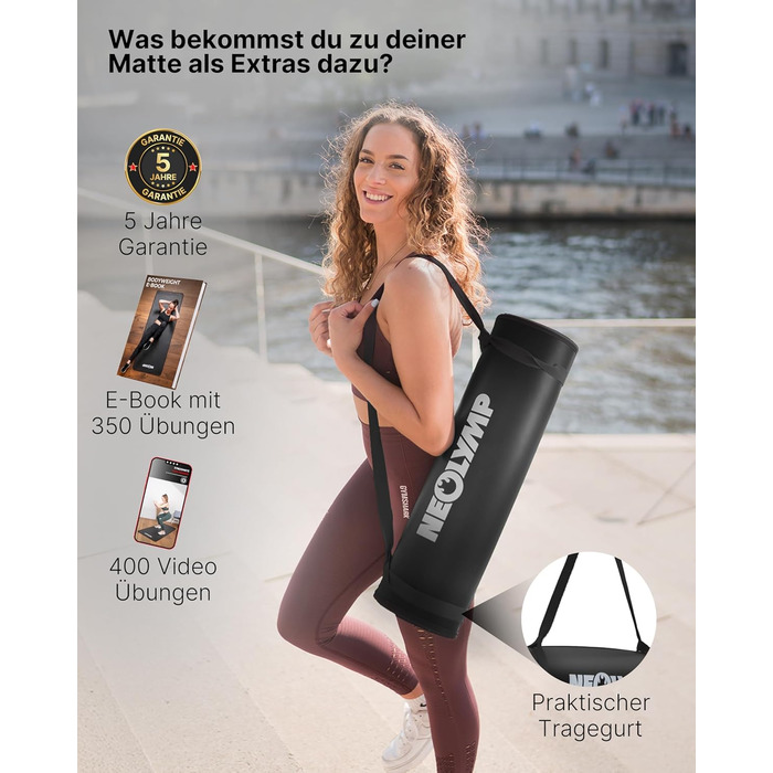 NEOLYMP Fitness Mat: Товста, неслизька килимок для фітнесу з електронною книгою та ремінком - для йоги, пілатесу, спорту, тренувань, сірий | 61 см
