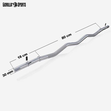 SZ-штанга GORILLA SPORTS 120 см, до 180 кг, 30/31 мм, хромована, з насічками та 2 пружинними замками – вигнута штанга для біцепса, рифлена, неслизька