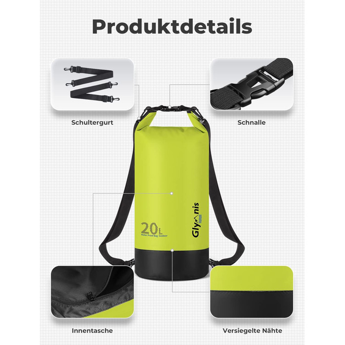 Водонепроникний мішок Glymnis 20L Dry Bag - мішок для активного відпочинку, плавання, кемпінгу (світло-зелений)