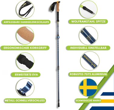 Трекінгові телескопічні палиці Nordic Walking для жінок і чоловіків, алюмінієві, 63-135 см, з корковою ручкою і гумовим наконечником
