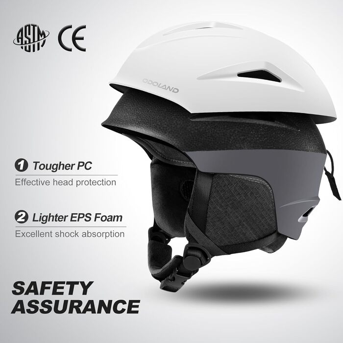 Шолом для сноуборду та лиж Odoland з маскою: захист UV 400, для жінок та чоловіків, розмір L (60-61 см), білий