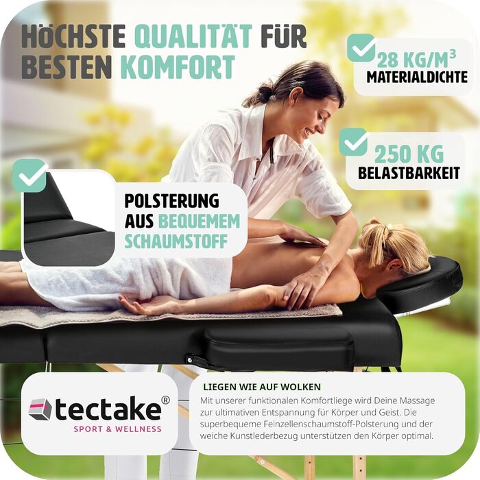 Мобільний масажний стіл tectake 3-секційний, складаний, регульований по висоті, з аксесуарами (підголівник, сумка), навантаження до 250 кг, для косметології, масажу, тату та фізіотерапії, чорний