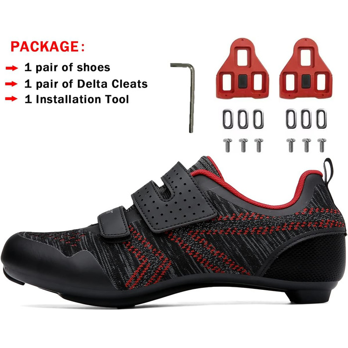 Велотуфлі ULTIANT для їзди в залі та на вулиці. Сумісні з Peloton, Look SPD SL Delta. Чоловічі та жіночі (38/38.5 EU, Чорний/Червоний)