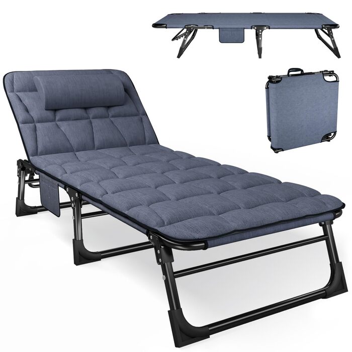 Розкладне шезлонг з регульованою спинкою в 4 положеннях, портативний багатофункціональний лежак для кемпінгу, саду, басейну, патіо - блакитний, з м'яким матрацом та подушкою