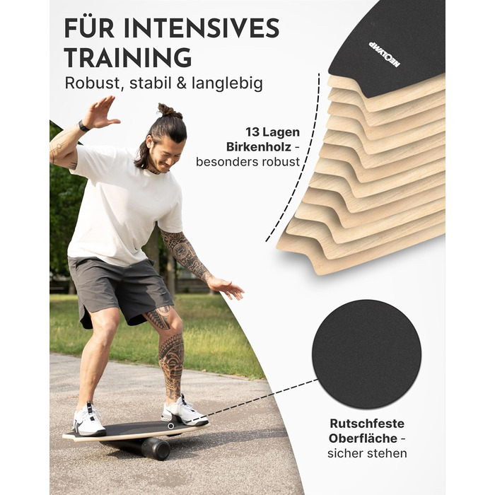 Балансборд NEOLYMP Holz – тренажер для балансу для дорослих та дітей – антиковзаюча поверхня, до 210 кг, 7 рівнів складності, магнітна настройка, чорний