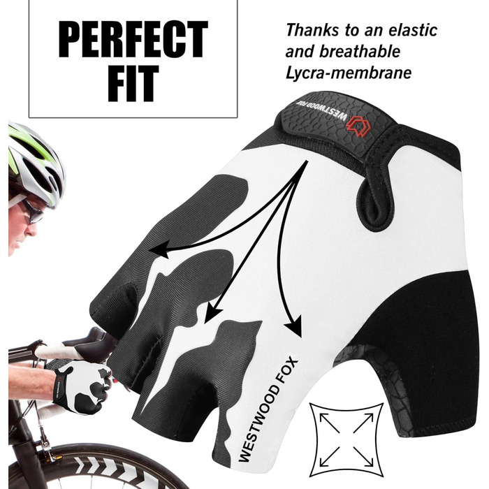 Велосипедні рукавички Westwood Fox, півпальчикові, унісекс, з підкладками на ручках, неслизькі, для MTB та шосе, літні, розмір L, білі