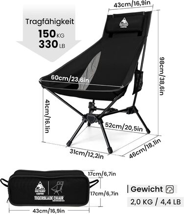 OneTigris TIGERBLADE складаний туристичний стілець з високою спинкою, 170 кг, легкий, з трикутним каркасом, з 2 кишенями, для відпочинку на природі, риболовлі, пікніків (Чорний)